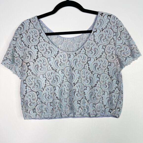 Zara Cropped Lace Short Sleeve Sheer Blouse Top Blue Small Scoop Neck Scoop Back - Picture 2 of 9